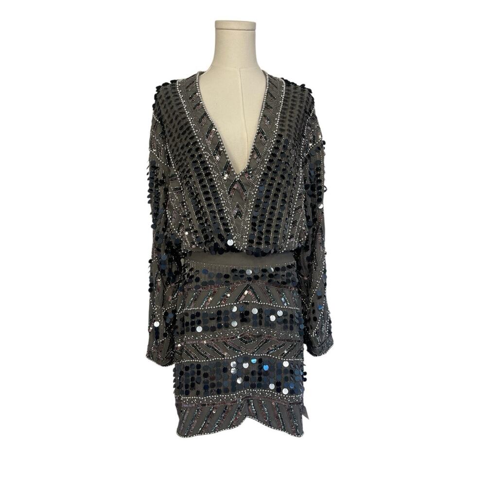 ASOS Design Plunge Neck Sequin Dress Womens Size 8 Gray Gatsby Tie Back Mini
